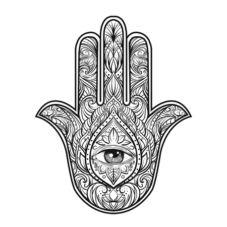 Hand drawn Ornate amulet Hamsa Hand of Fatima. Ethnic amulet common in Indian, Arabic and Jewish cultures.のイラスト素材