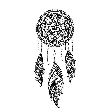 Hand-drawn mandala with dreamcatcher and om sign. Ethnic illustration, tribalのイラスト素材
