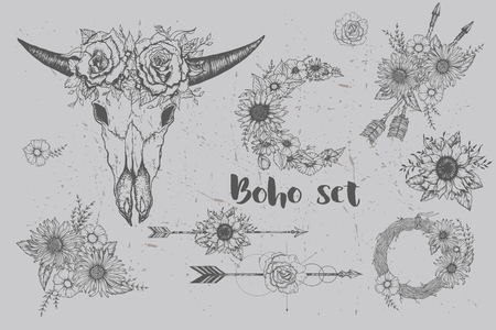 Beautiful boho elements set . buffalo skull, arrows, feathers and flowersのイラスト素材