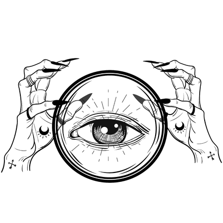 Witch hands with black nails, rings, with magic ball. Boho style.のイラスト素材