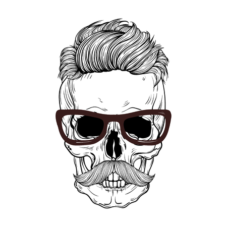 hand drawn anatomy skull with mustaches and hair.のイラスト素材
