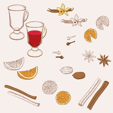 Mulled Wine and spices, orange, apple, cinnamon, carnation, anise, vanilla, clove, ginger.のイラスト素材
