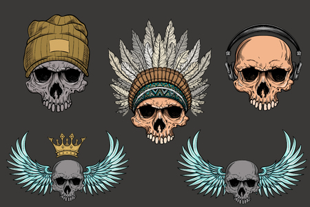 Hand drawn anatomy skull set with cap, warbonnet, headphones, wings, crown . Vector illustrationのイラスト素材