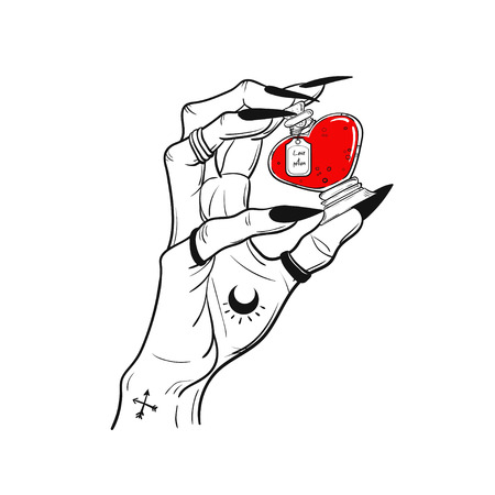 Woman hand holding magic potion. Vector illustration isolated. Tattoo design, mystic magic symbol for your print. Indian motifs and boho style.のイラスト素材