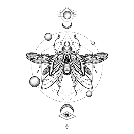 Bug tattoo drawing. Scarab bug illustrationのイラスト素材