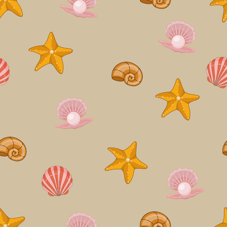 Sea shells, seastars seamless background. seamless pattern for textile, print, wallpaper. Sea life pattern.のイラスト素材