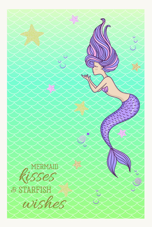 Cute mermaid and sea life cartoon greeting card template.のイラスト素材