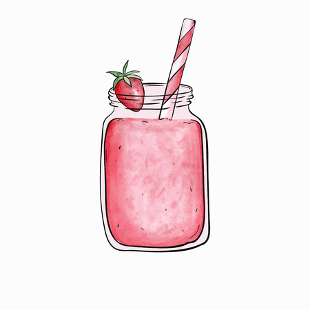 Bottle smoothie with strawberry. Vector illustration.Detox and healthy eating. Hand-drawn. Watercolorのイラスト素材