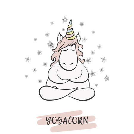 Cute handdrawn unicorn sitting in yoga pose - vector illustration.のイラスト素材