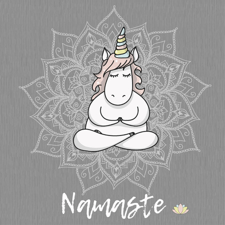 Hand drawn cute unicorn in yoga pose cardのイラスト素材