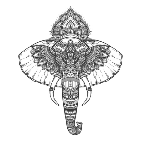 Ornate inked decorative elephant portrait . tribal spiritual animal. Tattoo. Hand drawn vector illustrationのイラスト素材