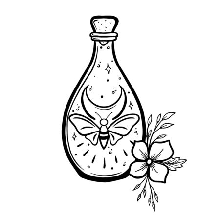 Magic butterfly in a bottle. Religion, mysticism, occultism, sorcery.Vector illustration isolated on a white background.のイラスト素材