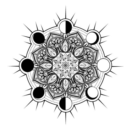 Circular pattern in form of mandala for Henna, Mehndi, tattoo, decoration. Decorative ornament in oriental style with Religious Islamic symbol of Star and Crescent. Coloring book page.のイラスト素材