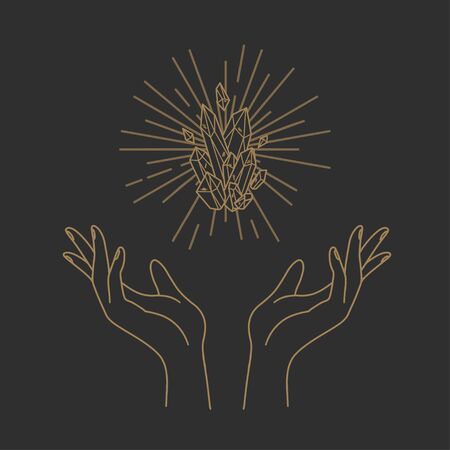 Vector abstract design template in trendy linear minimal style - hands and crystals - abstract symbol for cosmetics and packaging, jewellery, hand crafted or beauty productsのイラスト素材