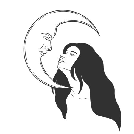 Vector silhouette of girl witch with long hair with stars and moon faceのイラスト素材