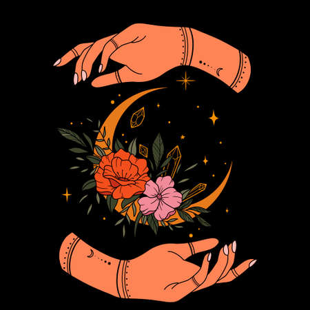 Woman hands and Beautiful flowers and leaves decorated crescent moon on white backgroundのイラスト素材