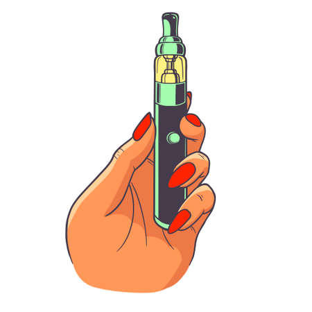 Hand holding Vape or E-Cigarette. Vaporizer Symbol in Cartoon illustration Vector on white...