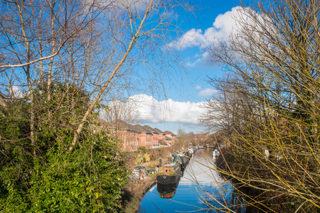 Canal boats parked at Birmingham Canalの写真素材