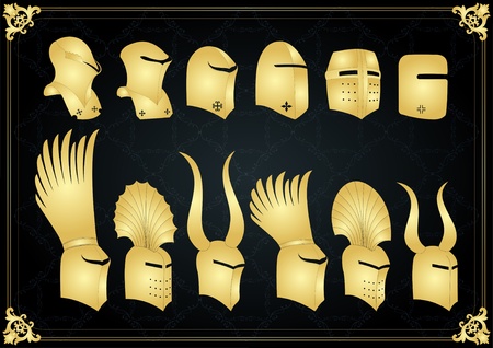 Vintage golden medieval knight helmets and elements vector background illustrationのイラスト素材