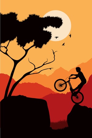 Animated mountain bike trial rider in wild nature landscape illustrationのイラスト素材