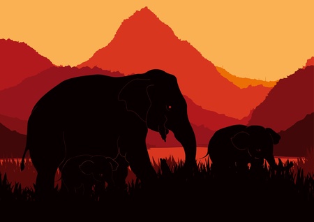 Cute elephant family in wild africa landscape illustrationのイラスト素材