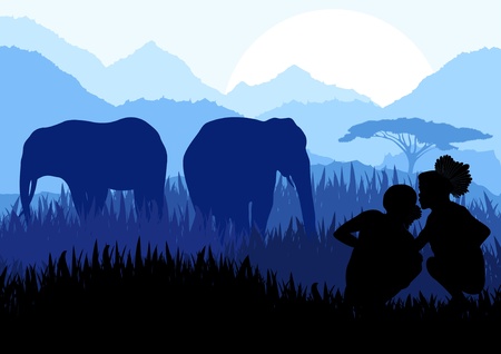 Animated elephant family and native people in wild nature landscape illustrationのイラスト素材
