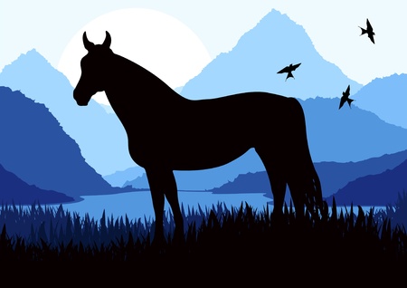 Animated horse in wild nature landscape illustrationのイラスト素材
