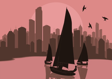 Yacht sailing in skyscraper city landscape illustrationのイラスト素材