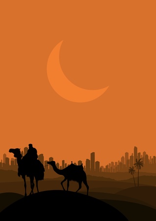 Camel caravan in arabic skyscraper city landscape illustrationのイラスト素材