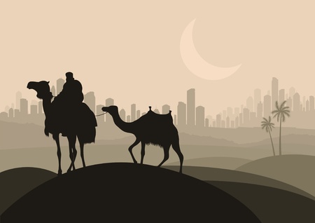 Camel caravan in arabic skyscraper city landscape illustrationのイラスト素材