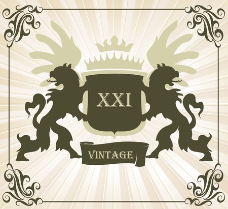 Coat of arms vintage vector background with lions and wingsのイラスト素材