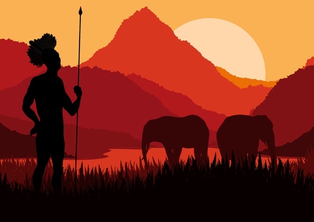 Animated elephant family and native hunter in wild nature landscape illustrationのイラスト素材