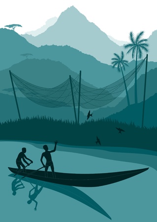 Animated fisherman in wild africa foliage illustrationのイラスト素材