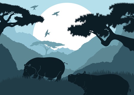 Animated hippopotamus couple in wild africa landscapeのイラスト素材