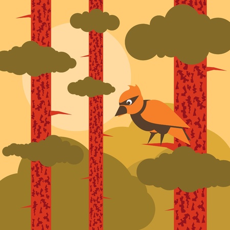 Animated woodpecker in pine tree forest landscape illustrationのイラスト素材