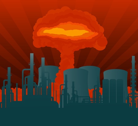 Atomic explosion cloud formed mushroom over nuclear power plant illustration