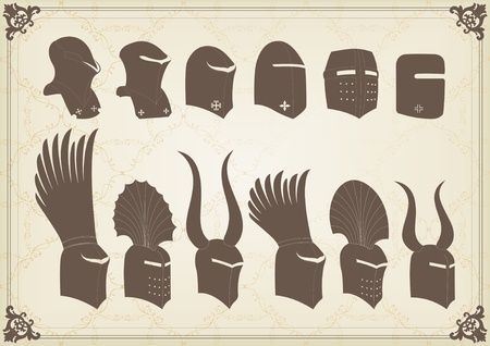 Vintage medieval knight helmets and elements vector background illustrationのイラスト素材