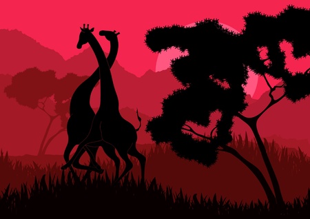 Romantic giraffe couple running in wild nature landscape illustrationのイラスト素材