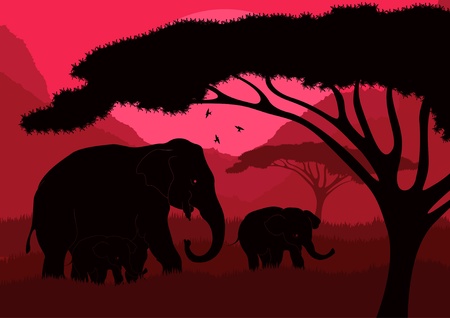 Animated cute elephant family in wild nature landscape illustrationのイラスト素材
