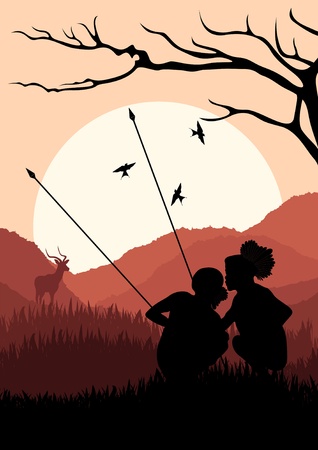 Native african hunters in wild nature landscape illustrationのイラスト素材