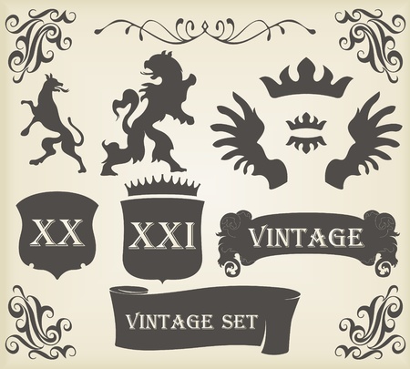 Heraldic silhouettes set of many vintage elements vector backgroundのイラスト素材