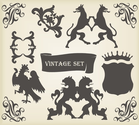 Heraldic silhouettes set of many vintage elements vector backgroundのイラスト素材