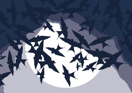 Flying swallow swarm in cave entrance foliage illustrationのイラスト素材