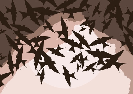 Flying swallow swarm in cave entrance foliage illustrationのイラスト素材