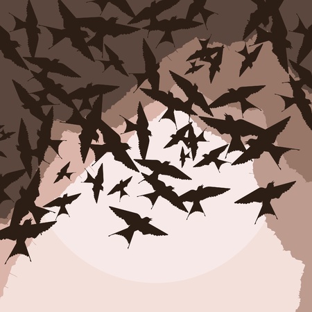 Flying swallow swarm in cave entrance foliage illustrationのイラスト素材