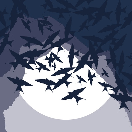 Flying swallow swarm in cave entrance foliage illustrationのイラスト素材