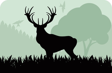 Animated rain deer family in wild forest foliage illustrationのイラスト素材
