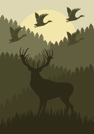 Animated rain deer family in wild forest foliage illustrationのイラスト素材