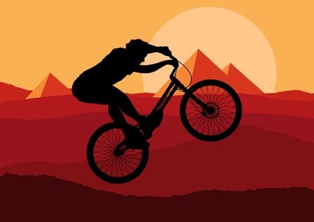 Mountain bike trial rider in wild nature landscape illustrationのイラスト素材