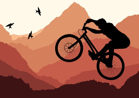 Mountain bike trial rider in wild nature landscape illustrationのイラスト素材